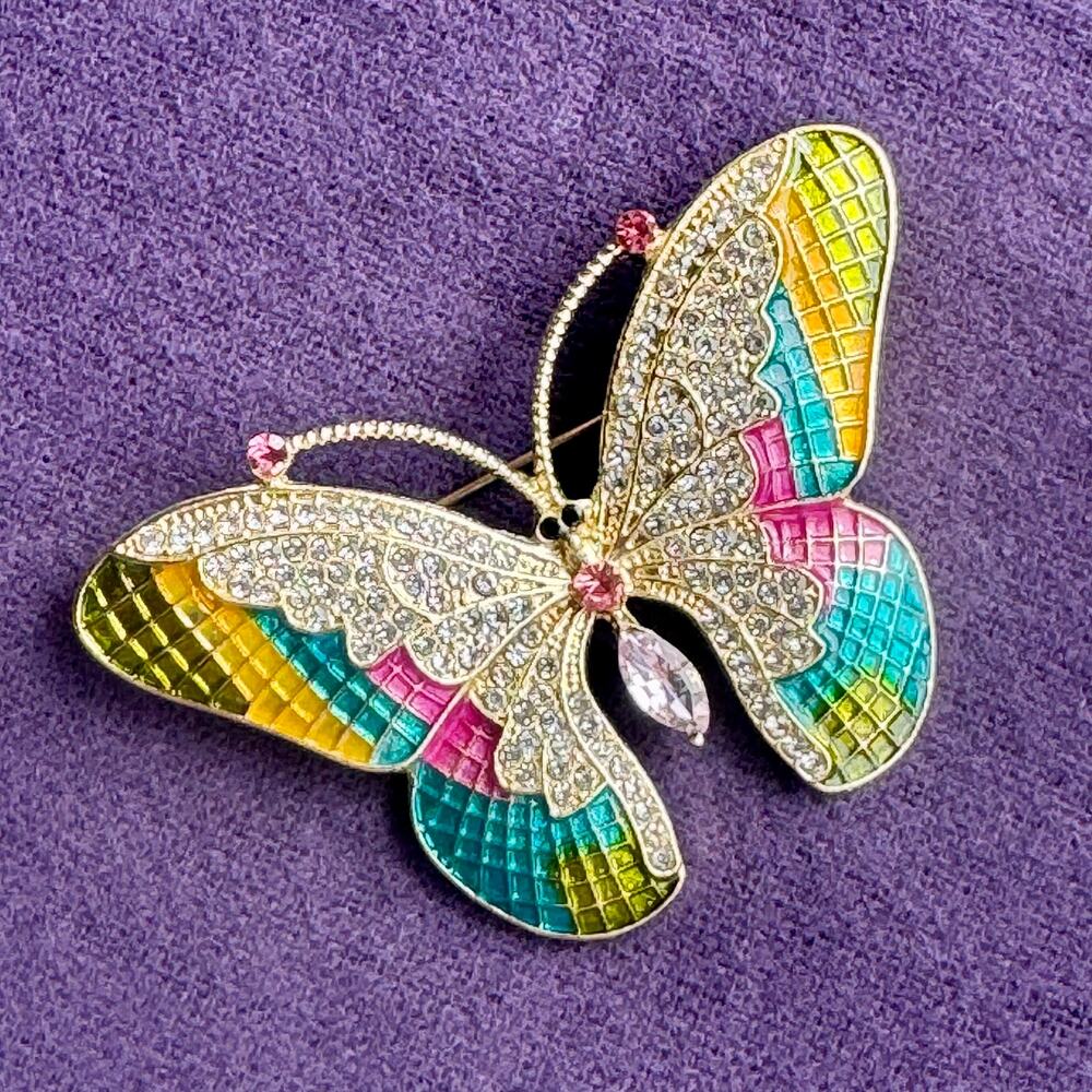 Gold Tone Enamel Butterfly Brooch Multicolor Rhinestone Crystal Fashion Pin‎
